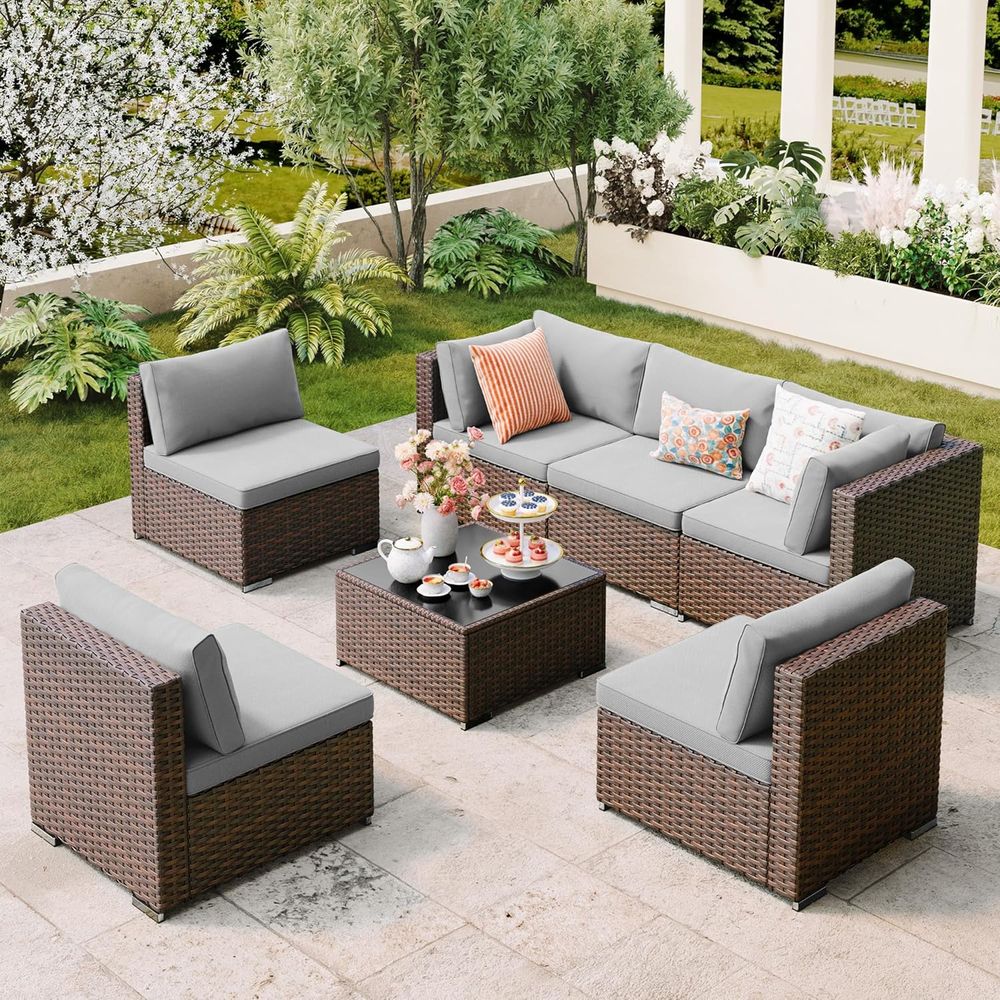 Outdoor Furniture Balcony - 7-Piece Outdoor Patio Wicker Sectional Furniture