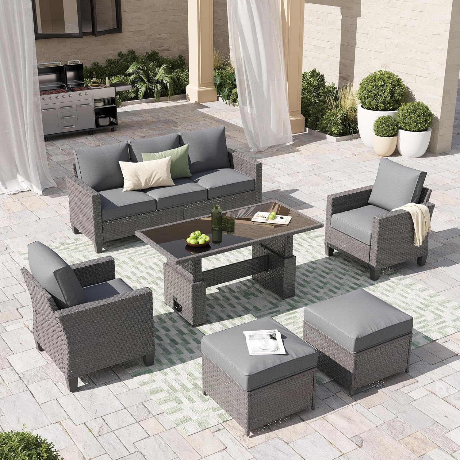 Outdoor Furniture Cafe - 6pcs Grey PE Rattan Outdoor Sectional