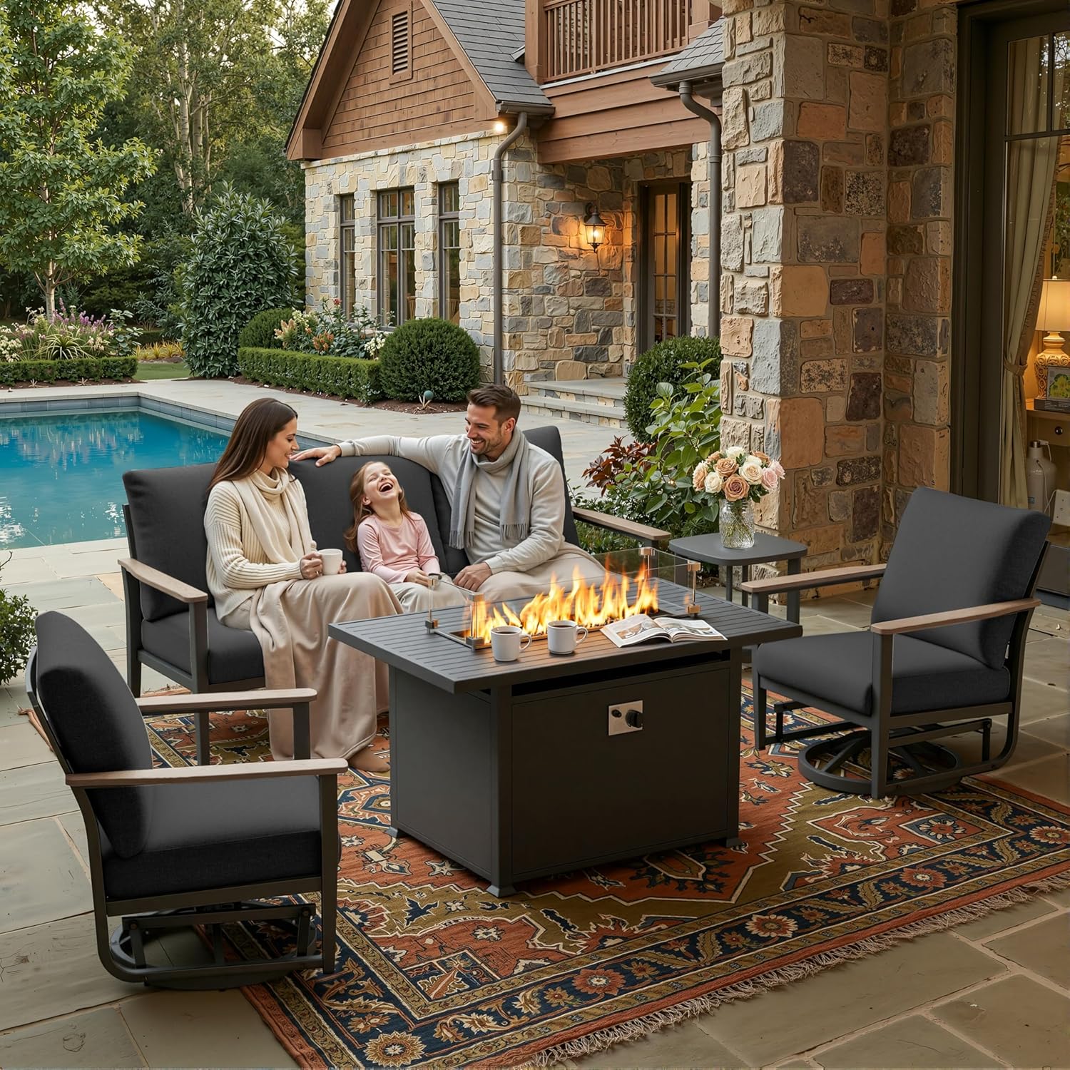 5pc Aluminum Patio Set Swivel  - Outdoor Furniture With Fire Pit recensie en prijs